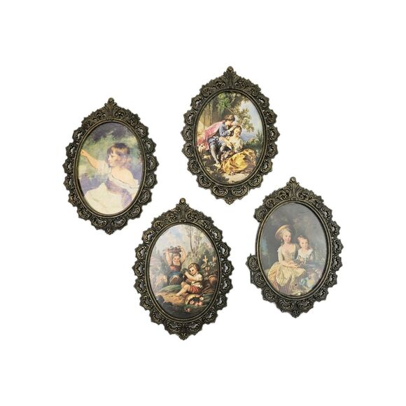 Set 4 Vintage Framed Art Victorian Brass Metal Fellinger - Picture 1 of 10
